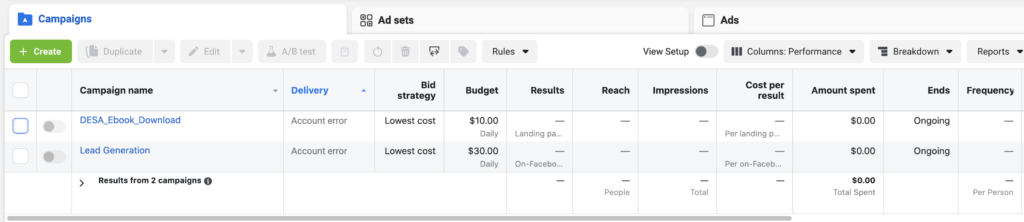 Facebook ad account dashboard