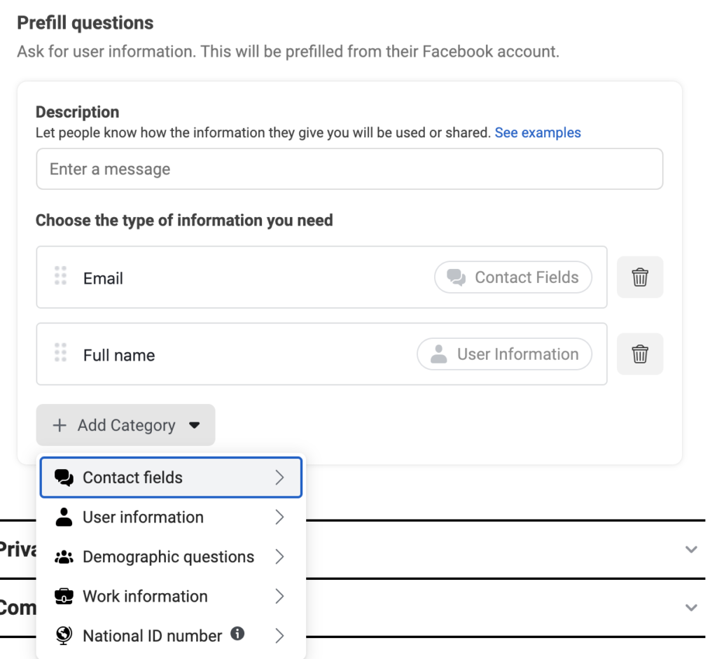 Facebook lead form questions
